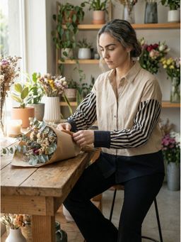 ZNKL - Women Beige Two Tone Striped Oversized Shirt