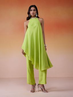 Gajra Gang - Bonjour Baegum Lime Green Modal Muslin Incut Assymetric Kurta Set GGBBKS01 (Set of 2)
