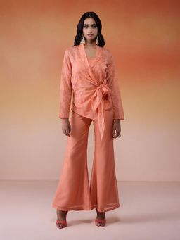 Gajra Gang - Bonjour Baegum Apricot Sequined Organza Wrap Jacket Pant GGBBSKD05 (Set of 3)