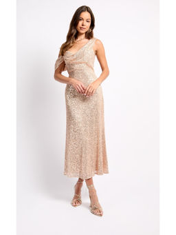 Iska  - Iska Gold Sequin Asymmetric Neck Midi Dress