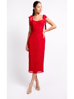 Iska  - Iska Red Lace Tie Strap Midi Dress
