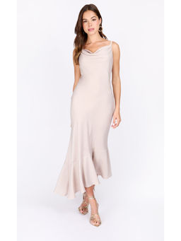 Iska  - Iska Oyster Satin Asymmetric Hem Midi Dress
