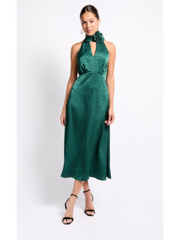 Iska  - Iska Green Satin Rosette Midi Dress