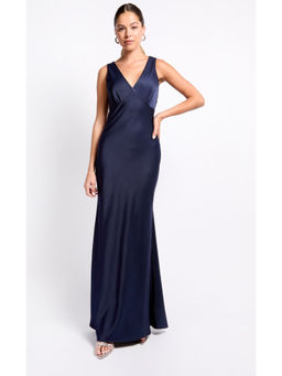 Iska  - Iska Navy Blue Satin Cowl Back Maxi Dress