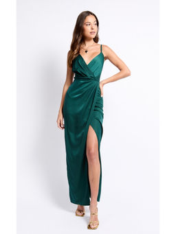 Iska  - Iska Green Satin Mock Wrap Maxi Dress