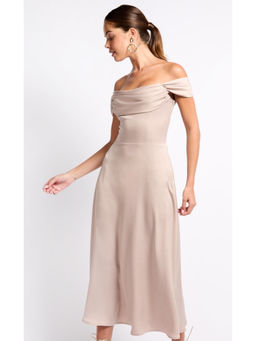 Iska  - Iska Beige Oyster Draped Bardot Midi Dress