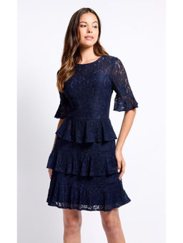 Iska  - Iska Navy Lace Tiered Hem Dress