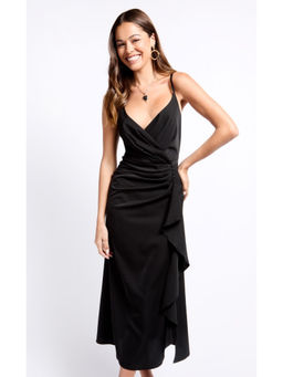 Iska  - Iska Black Satin Draped Frill Midi Dress