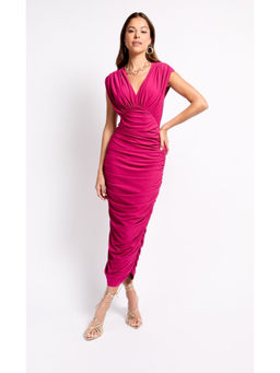 Iska  - Iska Pink Ruched Bodycon Midi Dress