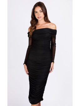 Iska  - Iska Black Bardot Ruched Midi Dress