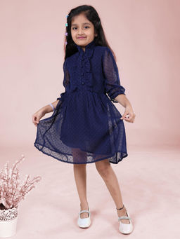 KiddoPanti - Girls Navy Blue Self Design Knee Length Dress