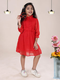 KiddoPanti - Girls Red Self Design Knee Length Dress