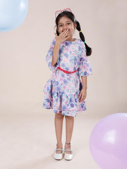 KiddoPanti - Girls Pink Floral Knee Length Dress with Belt (Set of 2)