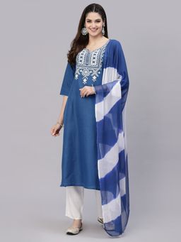 Stylum - Womens Embroidered Cotton Blend Straight Kurta Pant Dupatta (Set of 3)