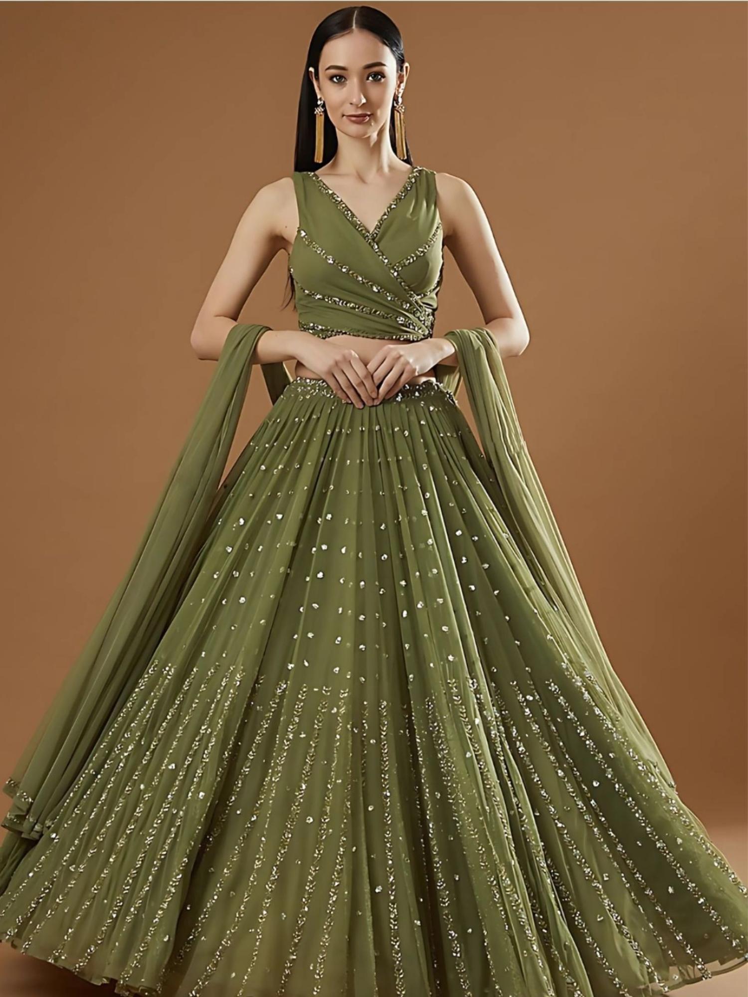Olive Georgette Embellished Semi-Stitched Lehenga Unstiched Choli with Dupatta-image-36