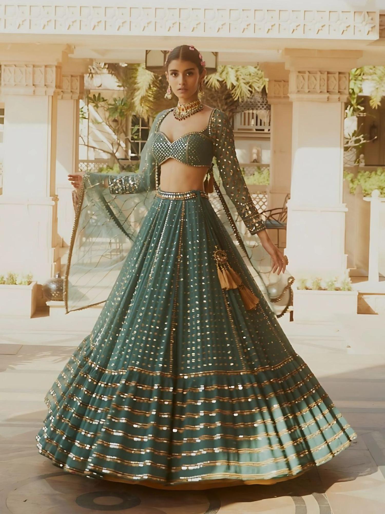 Green Georgette Embellished Semi-Stitched Lehenga Unstiched Choli with Dupatta-image-18