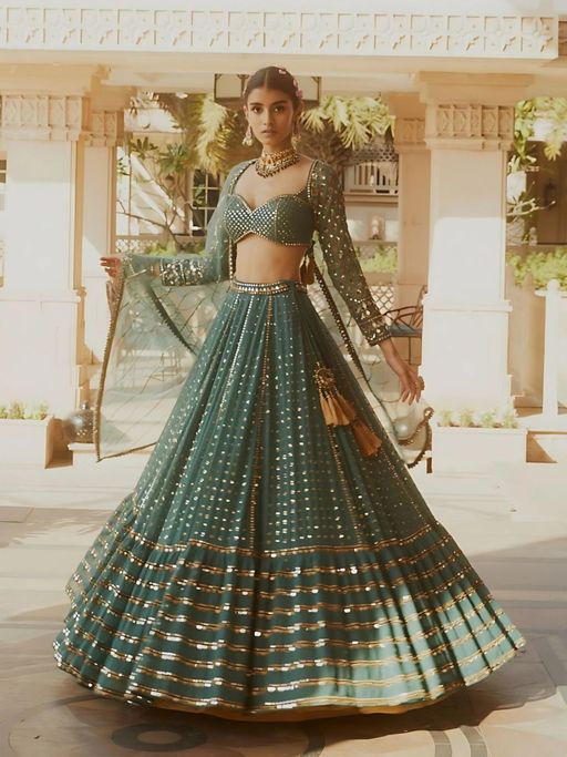 Odette Green Georgette Embellished Semi-Stitched Lehenga Unstiched Choli with Dupatta
