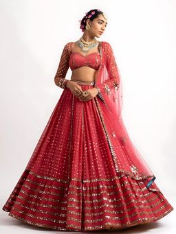Odette - Red Georgette Embellished Semi-Stitched Lehenga Unstiched Choli with Dupatta
