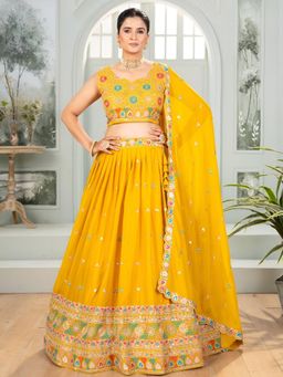 Odette - Yellow Georgette Embroidered Semi-Stitched Lehenga Unstiched Choli with Dupatta