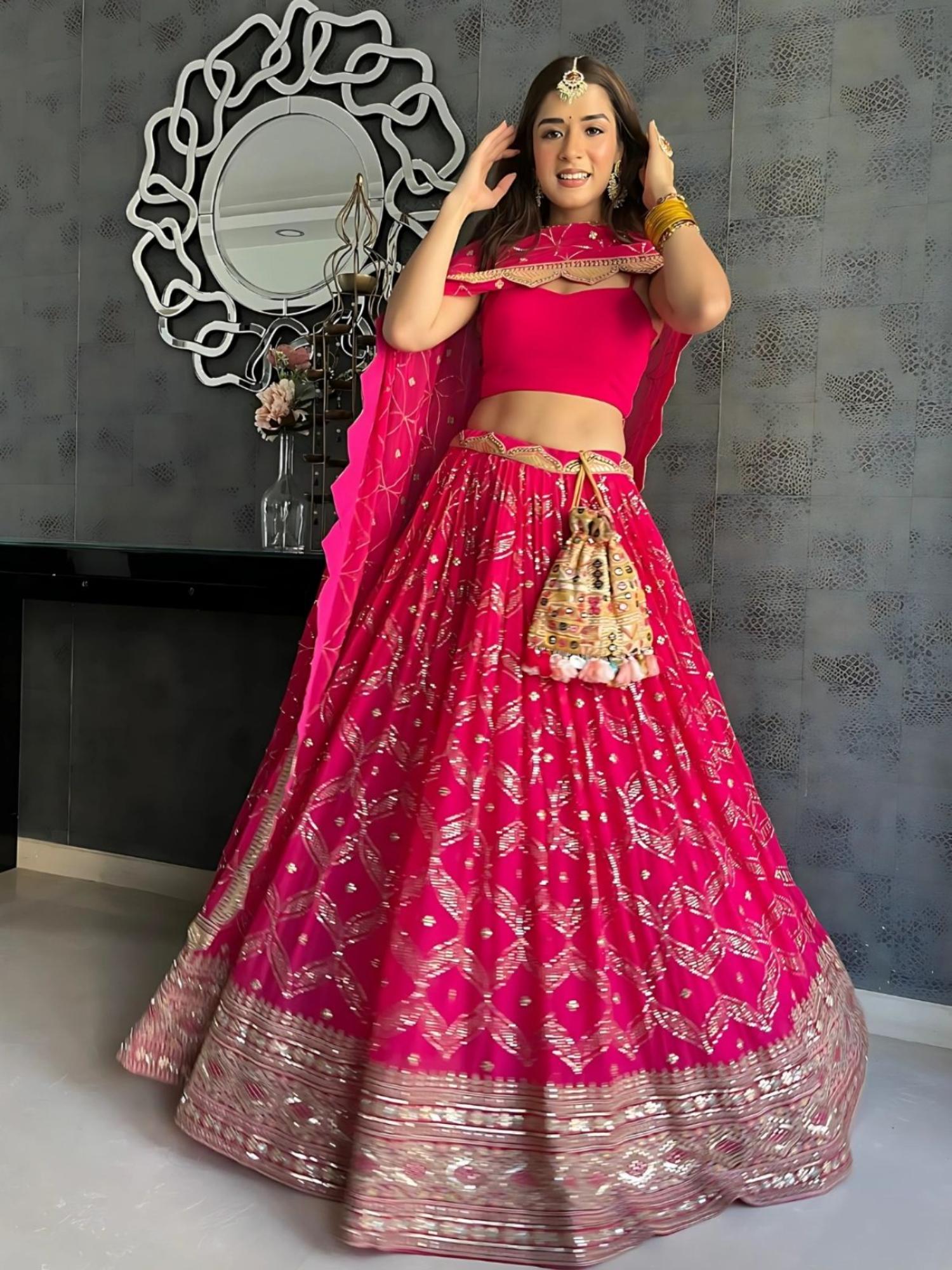 Pink Georgette Embellished Semi-Stitched Lehenga Unstiched Choli with Dupatta-image-3