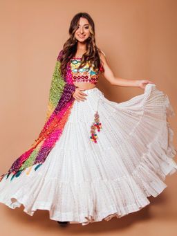 Odette - White Georgette Printed Semi-Stitched Lehenga Unstiched Choli with Dupatta
