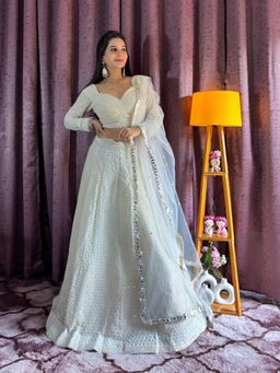 Odette - White Georgette Mirror Work Semi-Stitched Lehenga Unstiched Choli with Dupatta