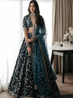 Odette - Dark Teal Velvet Embroidered Semi-Stitched Lehenga Unstiched Choli with Dupatta