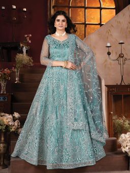 Odette - Blue Net Embroidered Semi-Stitched Lehenga Unstiched Choli with Dupatta