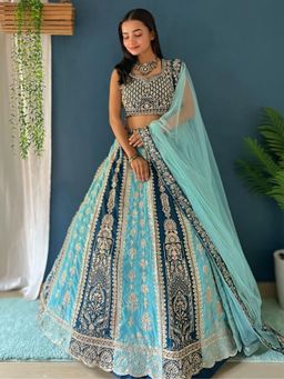 Odette - Sky Blue And Teal Georgette Embroidered Semi-Stitched Lehenga Unstiched Choli with Dupatta
