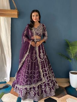 Odette - Dark Purple Georgette Embroidered Semi-Stitched Lehenga Unstiched Choli with Dupatta