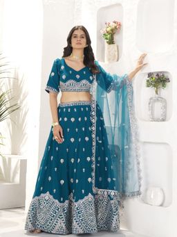 Odette - Teal Georgette Embroidered Semi-Stitched Lehenga Unstiched Choli with Dupatta