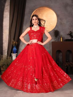 Odette - Red Georgette Embroidered Semi-Stitched Lehenga Unstiched Choli with Dupatta