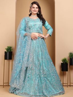 Odette - Sky Blue Net Embellished Semi-Stitched Lehenga Unstiched Choli with Dupatta