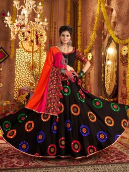 Odette - Black Viscose Cotton Embroidered Semi-Stitched Lehenga Unstiched Choli with Dupatta