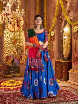 Odette - Blue Viscose Cotton Embroidered Semi-Stitched Lehenga Unstiched Choli with Dupatta