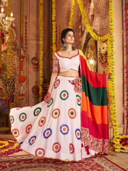 Odette - White Viscose Cotton Embroidered Semi-Stitched Lehenga Unstiched Choli with Dupatta