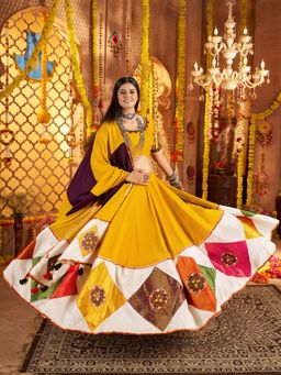 Odette - Yellow Viscose Cotton Embroidered Semi-Stitched Lehenga Unstiched Choli with Dupatta