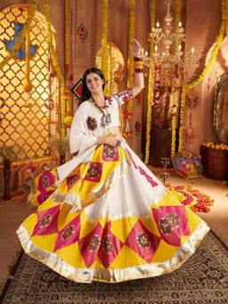 Odette - White Viscose Cotton Embroidered Semi-Stitched Lehenga Unstiched Choli with Dupatta