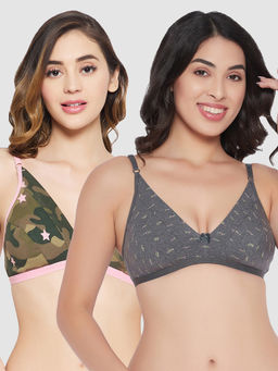 Clovia - Pack Of 2 Cotton Non-Padded Non-Wired Demi Cup Camouflage Print Plunge Bra- Multi-Color