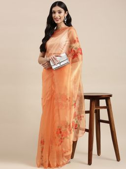 Vastranand - Orange Organza Party Wear Saree With Foil Print Flower Butta with Unstitched Blouse