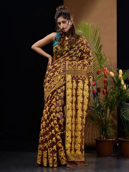 CHARUKRITI - Dark Brown & Yellow Handwoven Saree with Floral & Paisley Designs