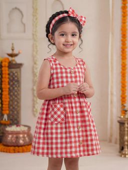 Oh My Bebe - Organic Cotton Coral Gingham Checks Dress and Headband