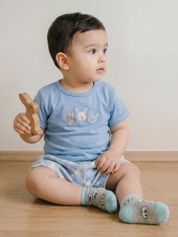 Oh My Bebe - Blue Organic Cotton Bunny Friends Baby T-shirt and Shorts