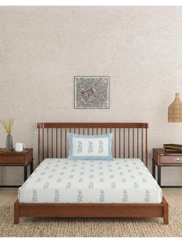 Fabindia - White Hand Block Printed Cotton Bed Sheet with Pillow Cover