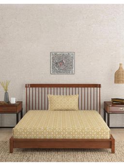 Fabindia - Yellow Printed Cotton Bed Sheet with 2 Pillow Covers