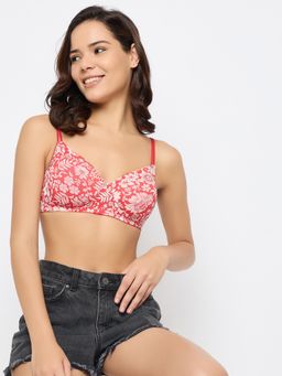 Clovia - Printed Padded Full Cup Wire Free T-Shirt Bra - Red