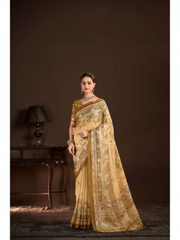Suha - Beige Polyester Crepe Printed Saree with Unstitched Blouse