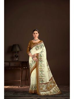 Suha - Cream Polyester Crepe Printed Saree with Unstitched Blouse