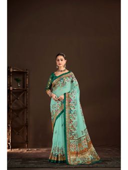 Suha - Blue Polyester Crepe Printed Saree with Unstitched Blouse