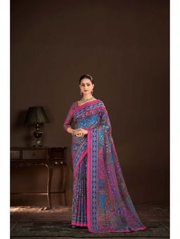 Suha - Navy Blue Polyester Crepe Printed Saree with Unstitched Blouse
